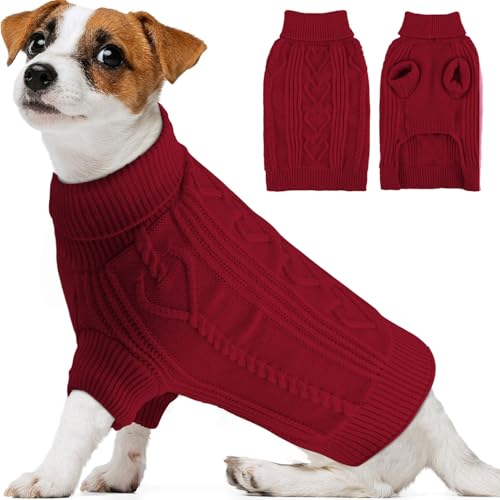 OTOB Hundepullover für mittelgroße und große Hunde, warmer Rollkragenpullover für Weihnachten, Thanksgiving, Urlaub, einfarbig, dehnbar, Haustier-Sweatshirt, Strickwaren, Burgunderrot, Größe L von OTOB