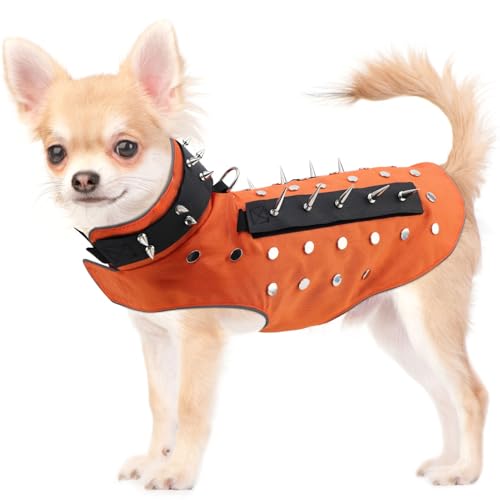 OTOB Hundeweste mit Spikes und Nieten, Anti-Hawk-Hundegeschirr, wasserdicht, warmes Fleecefutter, Kojotensichere Hundeweste für kleine, mittelgroße Hunde (Orange, XS) von OTOB