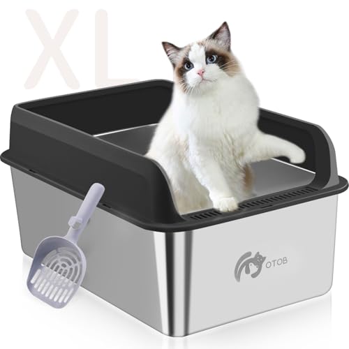 OTOB Edelstahl Katzentoilette XL, Extra groß für große Katzen, Hochseitige Metall-Katzentoilette mit Deckel & Streuschaufel, Anti-Urinleckage, Nicht klebrig, Schlichtes Design, Schwarz von OTOB