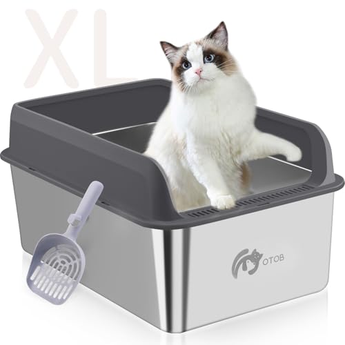 OTOB Katzentoilette aus Edelstahl mit Deckel, XL geschlossene Metall-Katzentoilette für große Katzen, extra große Katzentoilette, leicht zu reinigende Stahltoilette für mehrere Katzen, Anti-Auslauf, von OTOB