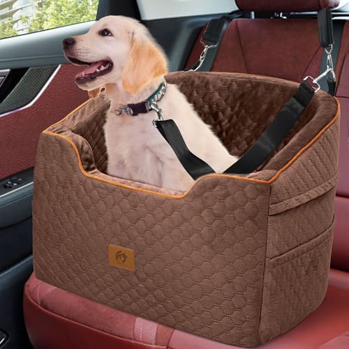 OTOB Memory Foam Dog Car Seat for Small Medium Dogs, All Season Booster Car Seat for Dogs Up to 16.8 kg, Washable Detachable Car Dog Bed, Adjustable Pet Puppy Car Seat with Thick Cushion Brown von OTOB