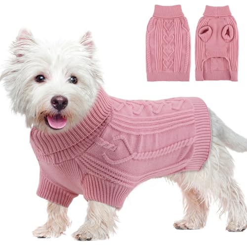 OTOB Pullover für kleine Hunde, niedlicher Katzenpullover mit Zopfmuster für den Winter und Herbst, dehnbarer Welpenpullover, Rollkragen, warme Haustierkleidung, weiche Kätzchen-Strickwaren, Rosa, von OTOB