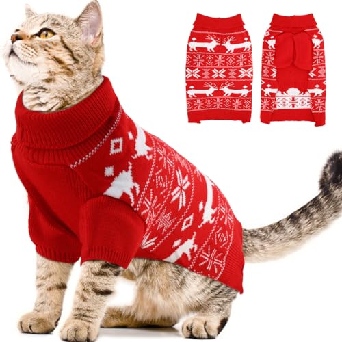 OTOB Weihnachtspullover für Katzen mit Loch für die Leine, warmer Rollkragenpullover, weicher, gemütlicher Pullover, Haustier-Strickwaren für Herbst und Winter, niedliche Schneeflocke, Rentier, von OTOB