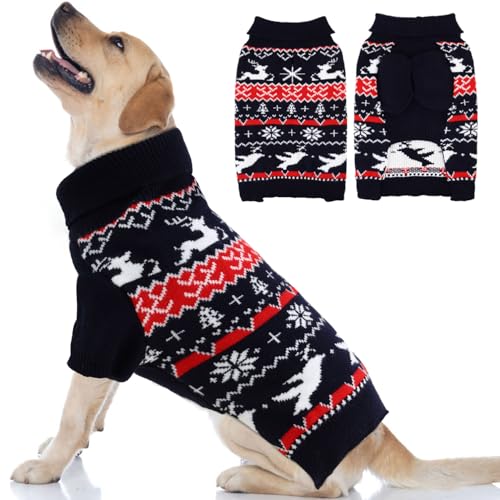 OTOB Weihnachtspullover für große Hunde mit Loch für die Leine, warmer Rollkragenpullover, für große Hunde, klassischer Zopfstrickpullover für Herbst und Winter, drinnen und draußen, Marineblau, Größe von OTOB