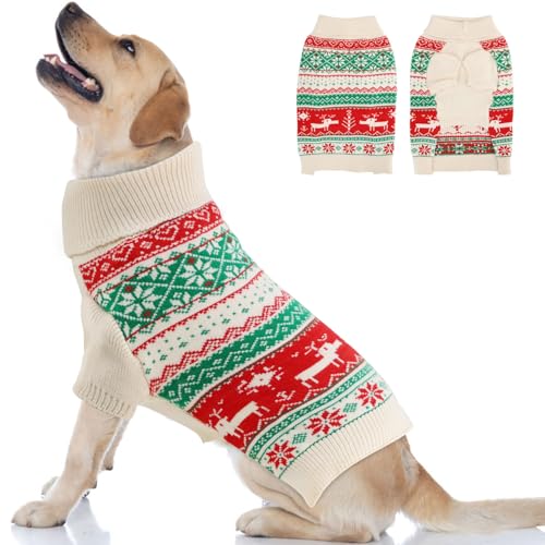 OTOB Weihnachtspullover für große Hunde mit Loch für die Leine, warmer Rollkragenpullover für große Hunde, klassischer Zopfstrickpullover für Herbst und Winter, drinnen und draußen, Größe XXL von OTOB