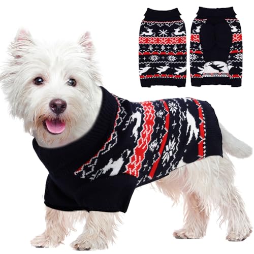 OTOB Weihnachtspullover für kleine Hunde, mit Loch für die Leine und Rollkragen, warmer Welpenpullover für kleine Hunde, Jungen, Mädchen, niedliches Weihnachtsdesign, Schneeflocke, Rentier, Kätzchen, von OTOB