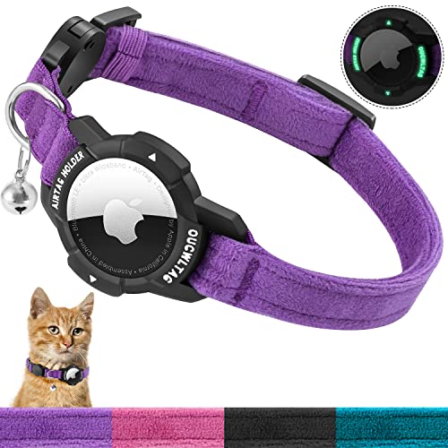 Luminous AirTag Cat Collar Breakaway, OUCWLTAG GPS Cat Collar with Apple Air Tag Halter, Cat Tracker Collars with Safety Elastic Band for Girl Boy Cats, Kittens and Puppies (9-13 Inch, Purple) von OUCWLTAG