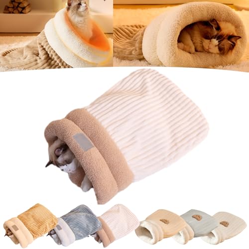 Winter-Katzenschlafsack, Katzenschlafsack, Weicher Plüsch Großer Katzensack, 2024 Bester Katzenschlafsack Für Innenkatzen, 360 ° Warmes Halbgeschlossenes Katzenschlafsackbett (Beige-Baumwolle,Mittel) von OUGEHOT