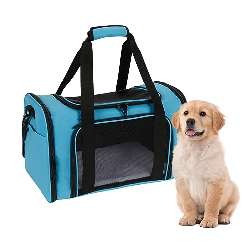 Katzen Transportboxen,45x28x28cm Faltbare Hundetasche,Tragbare Atmungsaktive Hundebox Katzentasche mit Verstellbarer Schultergurt für Katze,Kleine Hunde im Auto,Fugzeug oder in der Bahn (Blau) von OUGPIU