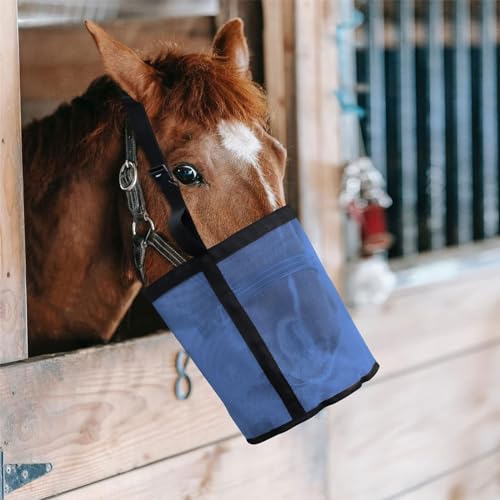 Pferdefutter Tasche,Ø25cm,H-24cm Breathable PVC Mesh Getreide Futtertasche,Pferd Maulkorb Futtertasche,Pferde Schafe Heu Feeder,Ziege Feeder Tote Bag Große Kapazität Langsam Feeder HeuTasche (Blau) von OUGPIU