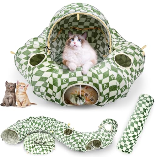 OUHOU Großes Katzentunnelbett für mehrere Katzen, Katzentunnel für Indoor-Katzen, Katzen-Donut-Tunnel mit 4 hängenden Bällen, 6 Gucklöern, Peekaboo Katzenhöhle (Grün) von OUHOU