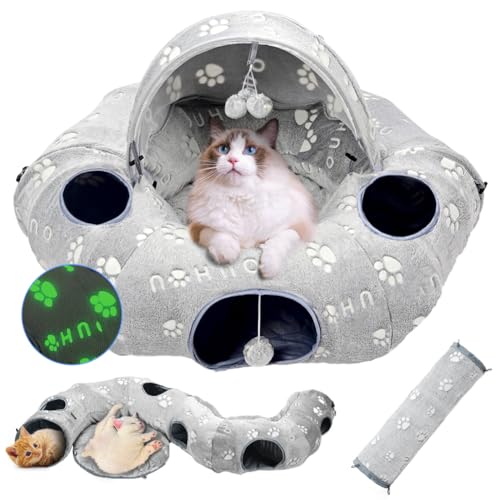 OUHOU Katzentunnelbett, Katzentunnel für Indoor-Katzen, Katzen-Donut-Tunnel-Spielzeug mit waschbarem Kreiskissen, gerader geformter Tunnel, 4 flauschige Bälle, Verdunkelungszelt, selbstleuchtendes von OUHOU