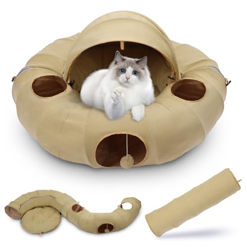 OUHOU Katzentunnel für Indoor-Katzen, Katzentunnel mit Markise und Mittelmatte, Katzen-Donut-Tunnel mit 3 hängenden Bällen und 6 Gucklöchern, Gelb von OUHOU
