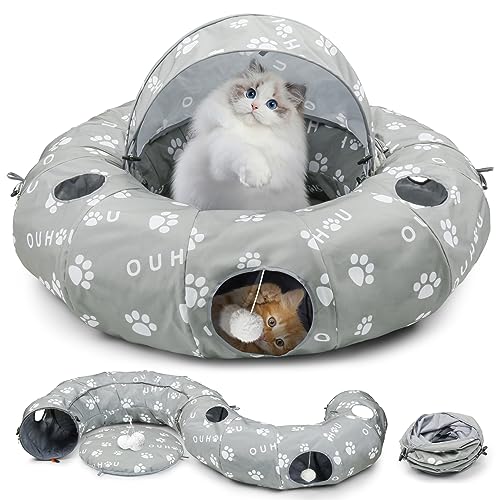 OUHOU Katzentunnelbett, 4-in-1 faltbarer Katzenspieltunnel mit Markise, 3 Bälle, 6 Gucklöcher und Matte, Katzenröhrchen Spielzeug für große, mittelgroße und kleine Katzen, Welpen, Kätzchen, Indoor von OUHOU