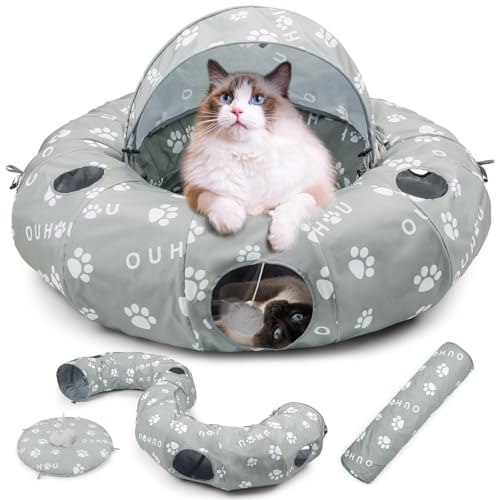 OUHOU Katzentunnelbett für Indoor-Katzen, groß, Peekaboo Katzenhöhle mit Markise, S-Form Katzenschlauch mit 4 flauschigen Spielzeugball & 6 Gucklöchern für Kätzchen, Häschen, Kaninchen, Kleintiere, von OUHOU