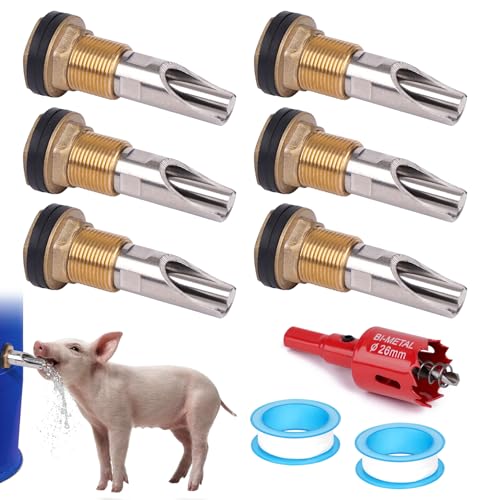 Schweinenippelbewässerung für Fass Kit Edelstahl Schweinetränke Feeder mit Messing Wassertank Connector Kit Automatisches Schweinebewässerungssystem für Schweine Ziege Sauen Ferkel (6 von OUJIMAI