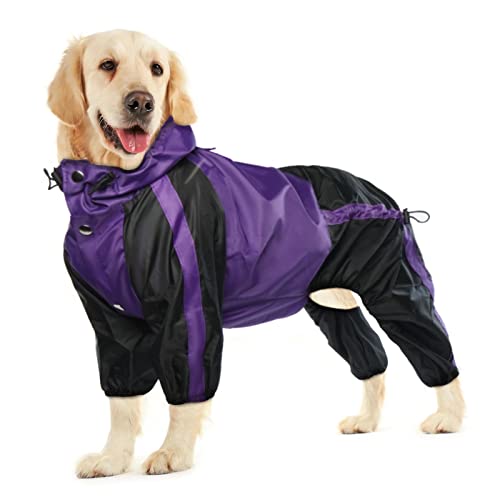 OUOBOB Hund Regenmantel, wasserdichte Hund Regenmantel für große Hunde, Leichte Regenjacke, Einstellbare 4-Beine Haustier Poncho mit Kapuze, Schneefeste Hund Weste Regenbekleidung von OUOBOB