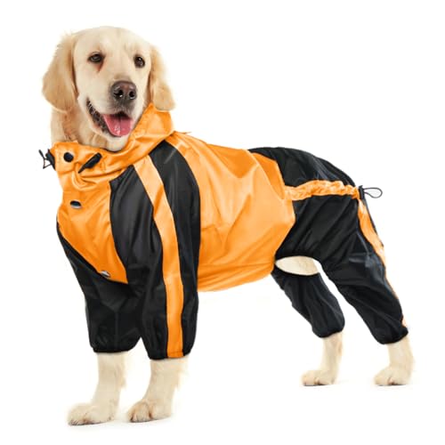 OUOBOB Hunde-Regenmantel, wasserdicht, für große Hunde, leichte Regenjacke, verstellbare 4 Beine, Haustierponcho mit Kapuze, schneefeste Hundeweste, Regenbekleidung, Bekleidung mit Loch für die Leine von OUOBOB