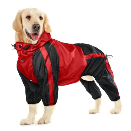 OUOBOB Hunde-Regenmantel, wasserdicht, für große Hunde, leichte Regenjacke, verstellbare 4 Beine, Haustierponcho mit Kapuze, schneefeste Hundeweste, Regenbekleidung, Bekleidung mit Loch für die Leine von OUOBOB