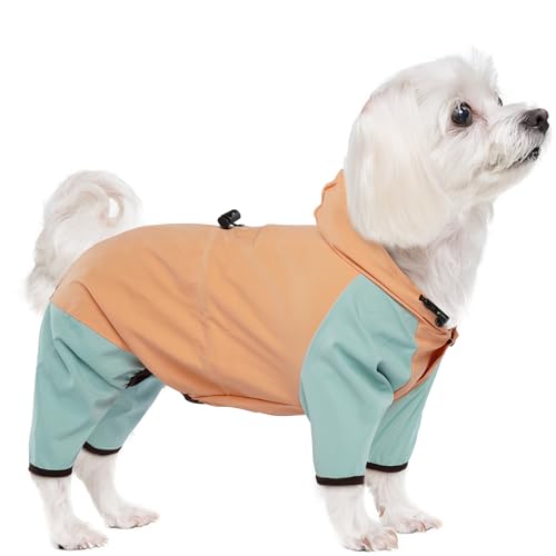 OUOBOB Hunde-Regenmantel für kleine Hunde, 4 Beine, wasserdichte Regenjacke mit Loch für die Leine, reflektierend, Haustierponcho für kleine Hunde, Jungen, Mädchen, Orange, Größe L von OUOBOB