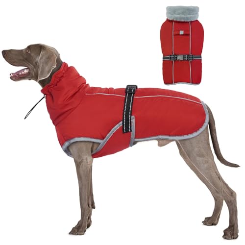 OUOBOB Hundemantel, Hundejacken für mittlere Hunde, wasserdichte Hundeweste, Reflektierende warme Hund Schneemantel, Hund Clod Wetter Bekleidung, Winddichte verstellbare Hund Schneeanzug Rot XL von OUOBOB