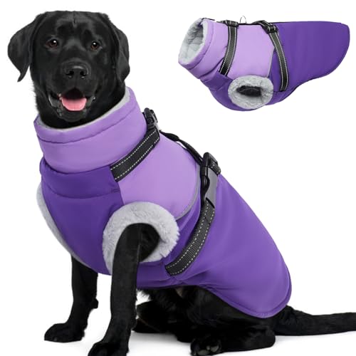 OUOBOB Große Hundejacke – integriertes Geschirr, wasserdicht und winddicht, mit Fleece gefüttert, perfekt für Schnee und Winter von OUOBOB