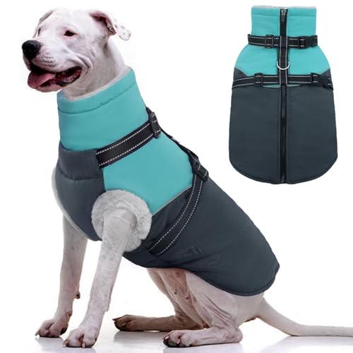 OUOBOB Große Hundejacke – integriertes Geschirr, wasserdicht, winddicht, mit Fleece gefüttert, perfekt für Schnee und Winter von OUOBOB