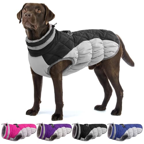 OUOBOB Hundemantel, warme Hundejacken, Hundemäntel mit integriertem Geschirr, wasserdichte Hunde-Fleeceweste, reflektierender Hunde-Schneeanzug für kaltes Wetter, winddichtes Hunde-Schneejacken-Outfit von OUOBOB