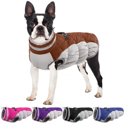 OUOBOB Hundemantel, warme Hundejacken, Hundemäntel mit integriertem Geschirr, wasserdichte Hunde-Fleeceweste, reflektierender Hunde-Schneeanzug für kaltes Wetter, winddichtes Hunde-Schneejacken-Outfit von OUOBOB