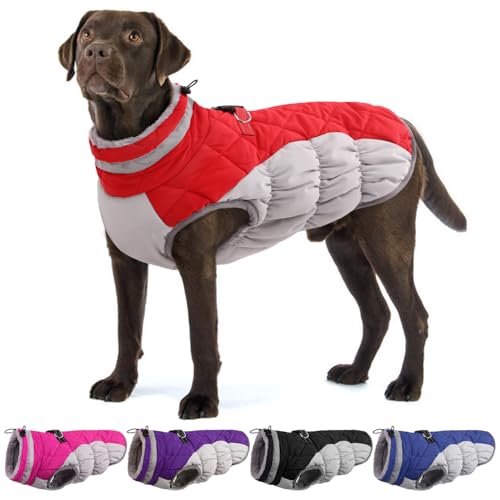 OUOBOB Hundemantel, warme Hundejacken, Hundemäntel mit integriertem Geschirr, wasserdichte Hunde-Fleeceweste, reflektierender Hunde-Schneeanzug für kaltes Wetter, winddichtes Hunde-Schneejacken-Outfit von OUOBOB