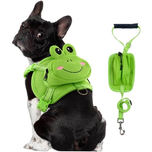 OUOBOB Hunderucksack Geschirr, Nettes Hundegeschirr mit Leine, Hundegeschirr mit Rucksack, Kein Pull Hund Satteltasche Welpen Weste, Mesh Frosch Self Bag mit D-Ring, für kleine mittlere Hunde von OUOBOB