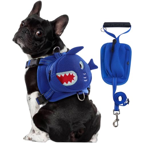 OUOBOB Hunderucksack Geschirr, Nettes Hundegeschirr mit Leine, Hundegeschirr mit Rucksack, Kein Pull Hund Satteltasche Welpen Weste, Mesh Frosch Self Bag mit D-Ring, für kleine mittlere Hunde von OUOBOB