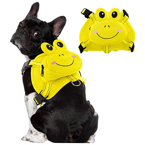 OUOBOB Hunderucksack Geschirr Hund Selbsttragetasche Verstellbare No-Pull Haustier Geschirr Weste Welpen Mesh Satteltasche mit D-Ring Niedlicher Frosch Rucksack für Outdoor Reisen Wandern Tägliches von OUOBOB