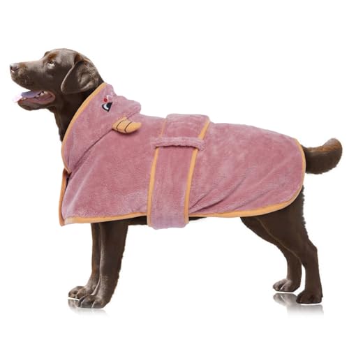 OUOBOB Hundetrocknungsmantel, Hundemantel zum Trocknen von Hunden, rosa Hundetücher für große Hunde, Mikrofaser Hunderobe mit Kapuze für verstellbare Bauchgurte für Golden Retriever, Labrador 2XL von OUOBOB