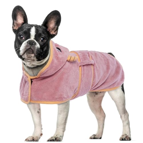 OUOBOB Hundetrocknungsmantel, Hundemantel zum Trocknen von Hunden, rosa Hundetücher für mittlere Hunde, Mikrofaser Hunderobe mit Kapuze für verstellbare Bauchgurte für Frenchie, Boston Terrier M von OUOBOB