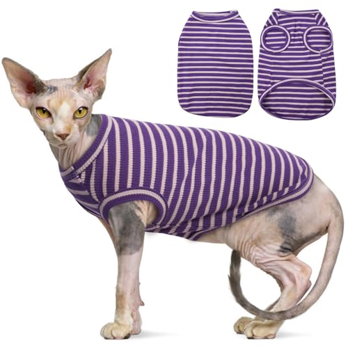 OUOBOB Sphynx Katze Kleidung, Atmungsaktive haarlose Katze Shirts, Streifen Kätzchen T-Shirts Ärmellos Pullover Katze Pullover Pullover, Haustier Sommer Kleidung für Sphynx, Cornish Rex, Devon Rex von OUOBOB