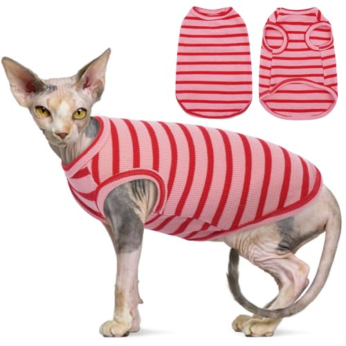 OUOBOB Sphynx Katze Kleidung, Atmungsaktive haarlose Katze Shirts, Streifen Kätzchen T-Shirts Ärmellos Pullover Katze Pullover Pullover, Haustier Sommer Kleidung für Sphynx, Cornish Rex, Devon Rex von OUOBOB