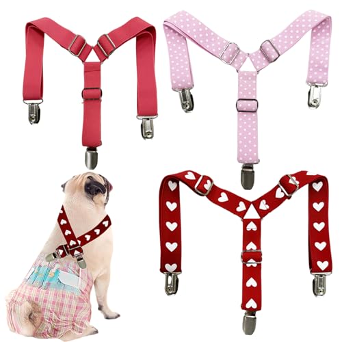 Verstellbare Hosenträger für männliche Hunde, Windeln, Hosenträger für Windeln, Hündinnen und mittelgroße Hunde, Kleid für Hunde, Windelhalter, Hosenträger (rosa Punkte, rote Herzform, Rosenrot), 3 von OUOQUQ