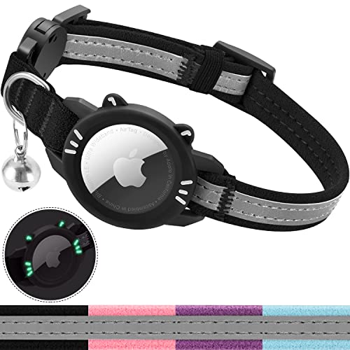 Luminous AirTag Katzenhalsband Breakaway, Reflektierendes GPS Katzenhalsband mit Apple Air Tag Halter, Katzen-Tracker-Halsbänder mit Sicherheitselastischem Band für Mädchen Junge Katzen, Kätzchen und Welpen (7-10 Zoll, Schwarz) von OUSHIBU