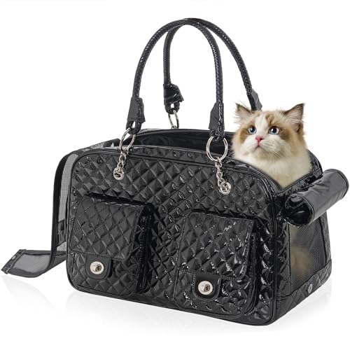 OUUTMEE Haustier-Tragetasche für Hunde und Katzen, pet Tasche, weiche Seiten, Lederhandtasche, Haustiertragetasche für kleine Hunde, Welpen und Katzen Diamant-Schwarz von OUUTMEE