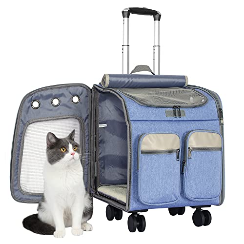 OUUTMEE für Katzen und kleine Hunde, 4-Wege-Handtasche mit Rollen, multifunktionaler Rucksack, atmungsaktiv Blau Haustiertragetasche, Tragetasche mit Rollen von OUUTMEE