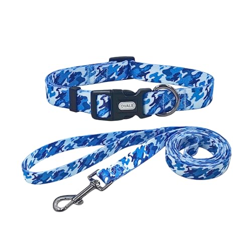 Ovale Hundehalsband-Leinen-Kombi-Set, verstellbares Halsband und 1,5 m passende Leine, für kleine Welpen, Größe XS, Blau Camouflage von OVALE