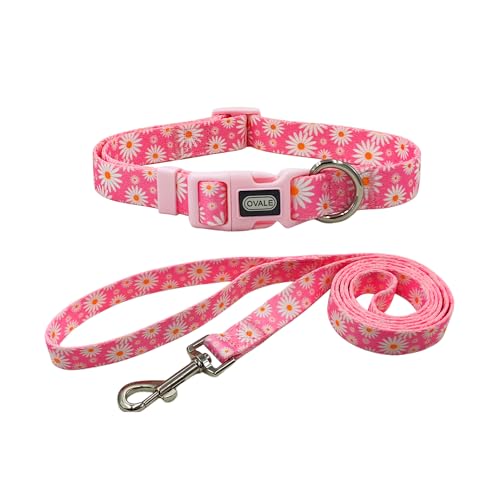 Ovale Hundehalsband-Leinen-Kombi-Set, verstellbares Halsband und 1,5 m passende Leine, für große Hunde (L, Hellrosa Gänseblümchen) von OVALE