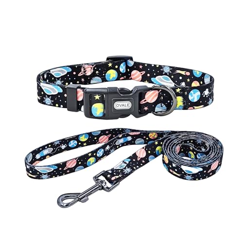 Ovale Hundehalsband-Leinen-Kombi-Set, verstellbares Halsband und 1,5 m passende Leine, für kleine Hunde (Größe S, Weltraum) von OVALE