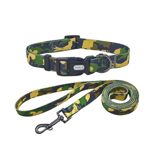 Ovale Hundehalsband-Leinen-Kombinationsset, verstellbares Halsband und 1,5 m passende Leine, für mittelgroße Hunde (Größe M, Grünes Tarnmuster) von OVALE