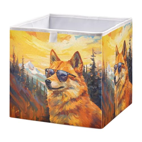 OWFKAY Faltbarer Aufbewahrungswürfel Corgi Hund im Wald mit Brille Organizer Korb für Zuhause Regal von OWFKAY