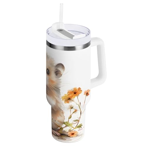 OWFKAY Vakuumisolierter Becher aus Edelstahl, kleiner Hamster und Blumen, Wasserflasche mit Deckel und Strohhalm von OWFKAY