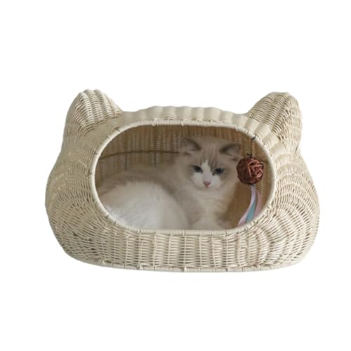 Sommer Handgemachtes Gewebtes Haustierbett Rattan Korb Katzenbett Korb Hausbett Schlafbett für Waschbares Haustierhaus Nest Indoor Katze,F-S von OYWEHECE