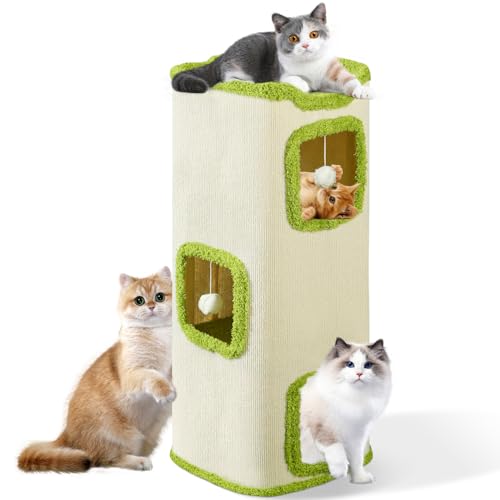 OYX Katzenhaus 4 Ebenen für Indoor Katzen, mit Katzenbett und Sisalmatte, Katzenhaus Kratzbar, Mehrere Interaktive Hängende Bälle, Katzenklo Bett Möbel für Mehrere Haustiere und Große Katzen, Beige von OYX