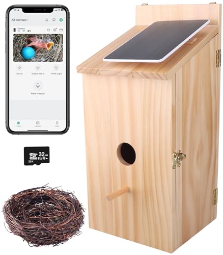 Vogelhaus-Kamera, Vogelhaus mit 1080P HD-Kamera Kabellos – 2,4 G WiFi & App Benachrichtigung Solarbetriebenes Smart Vogelhaus mit Nest Auto Capture Foto & Video, Wasserdichtes Holz Vogelhaus für von OZBOUN